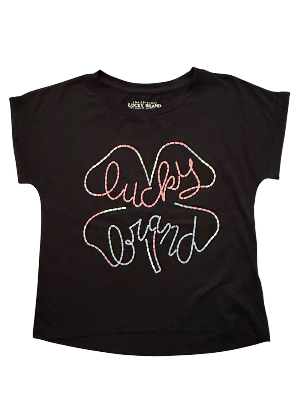 NWT Lucky Brand Girls Medium Black Clover Graphic Tee Pastel Y2K Boho Knit Top